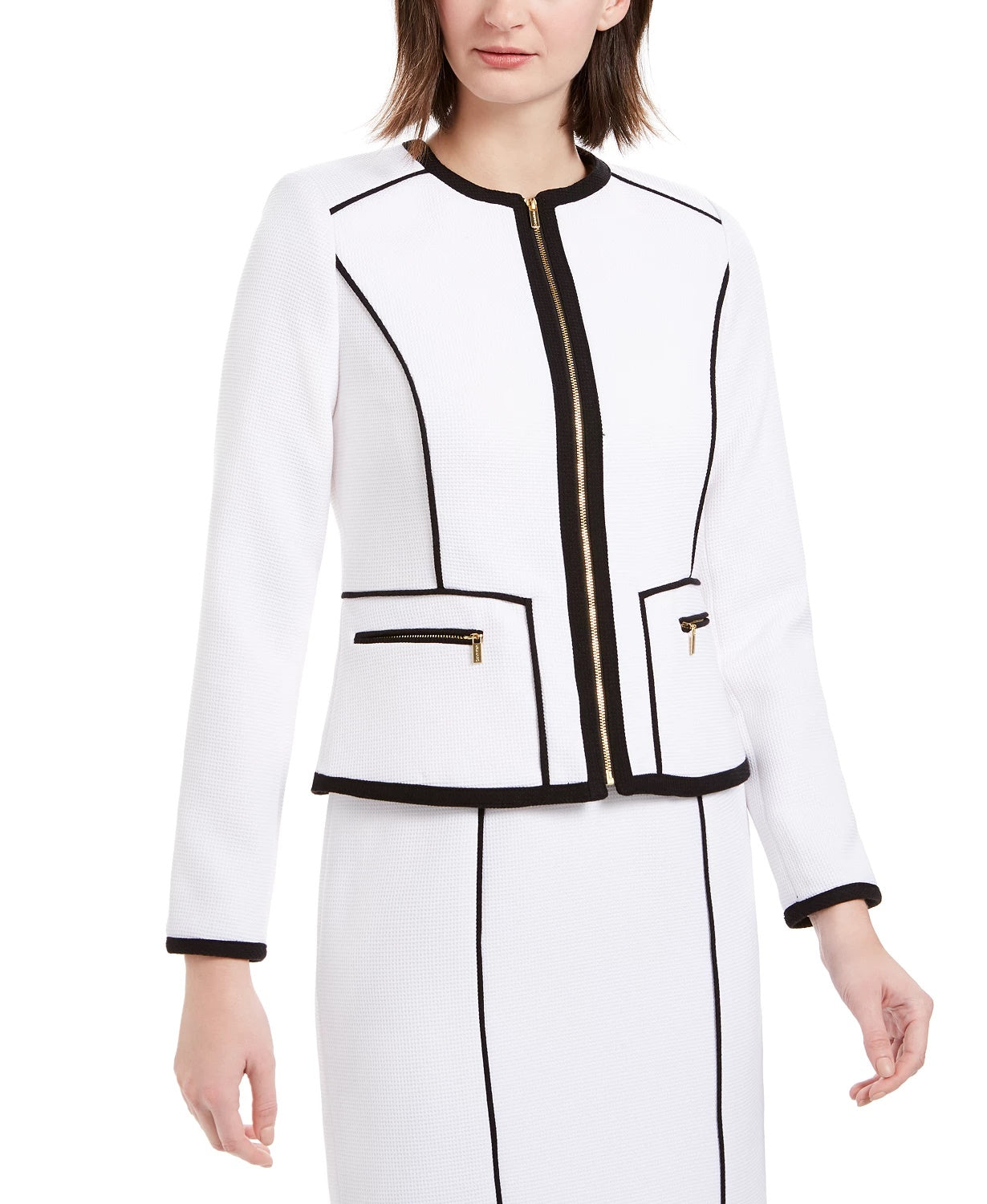Calvin Klein Women's Contrast Piping Zip-Up Blazer White Size 4