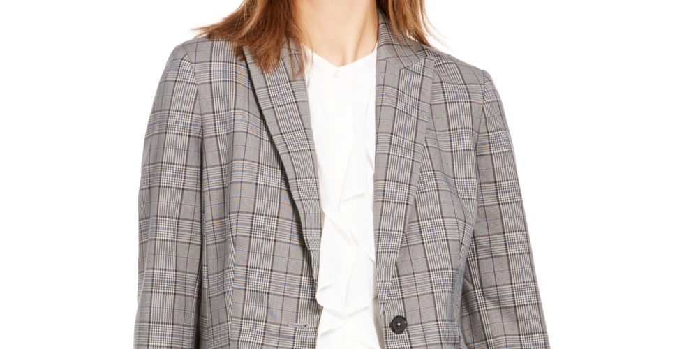 Calvin Klein Women's Plaid One-Button Blazer Blue Size 16