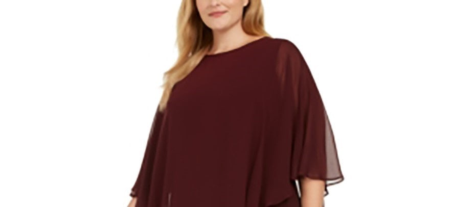 Connected Women's Apparel Ruffled Solid Short Sleeve Jewel Neck Above The Knee Shift Evening Dress Purple Size 18W