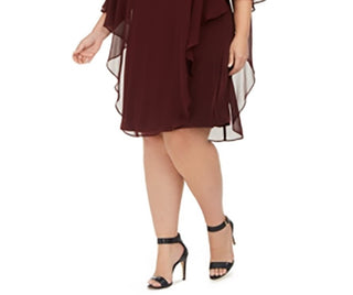 Connected Women's Apparel Ruffled Solid Short Sleeve Jewel Neck Above The Knee Shift Evening Dress Purple Size 18W