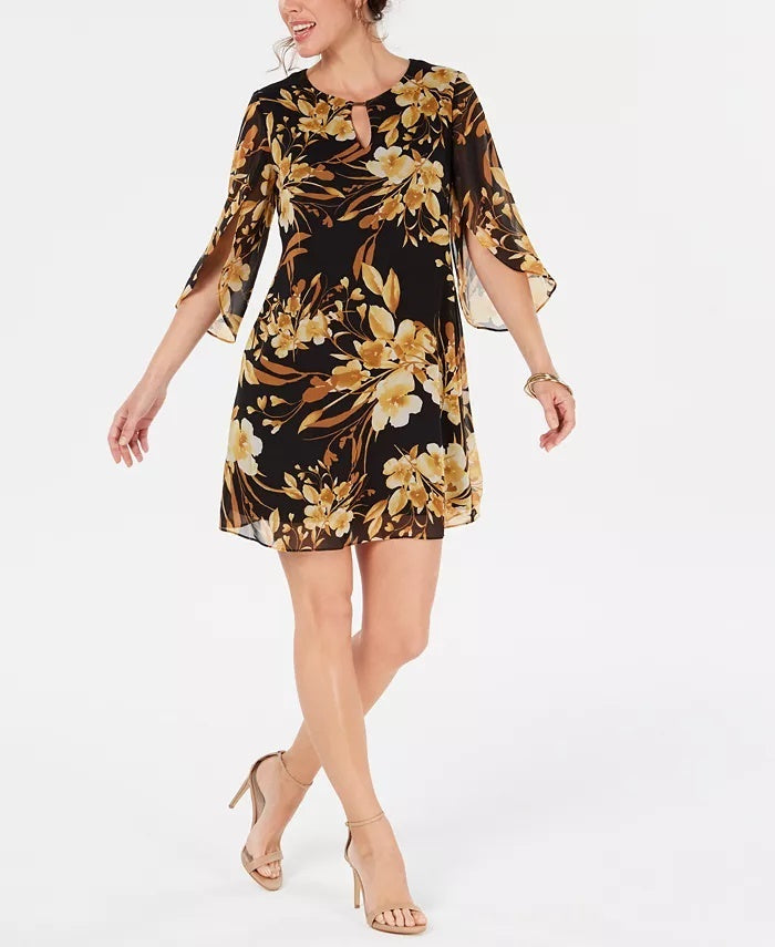 Connected Women's Petite Floral Chiffon Keyhole Dress Dark Yellow Size 4P