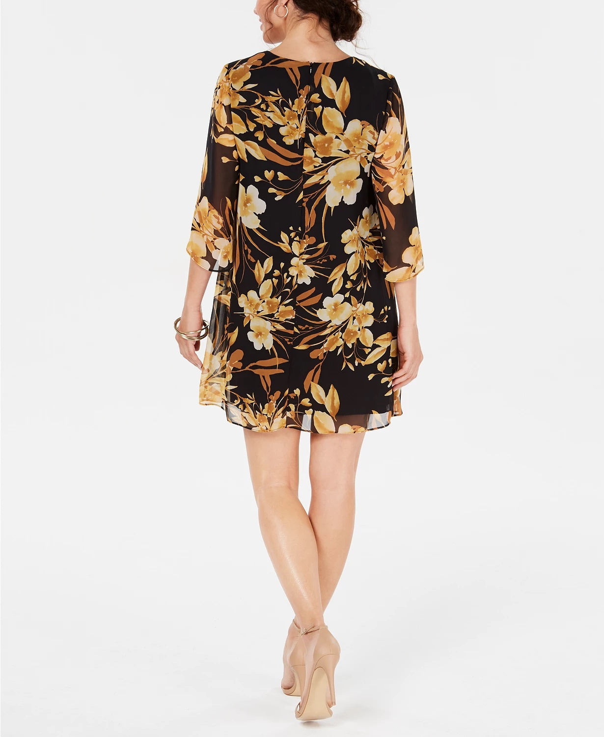 Connected Women's Petite Floral Chiffon Keyhole Dress Dark Yellow Size 4P