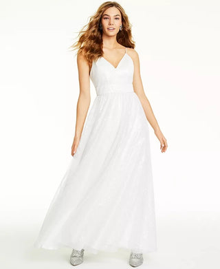 Crystal Doll Juniors' Sequin V-Neck Gown White Size 11