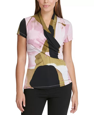 DKNY Women's Printed Surplice-Neck Top Bright Pink Size Small