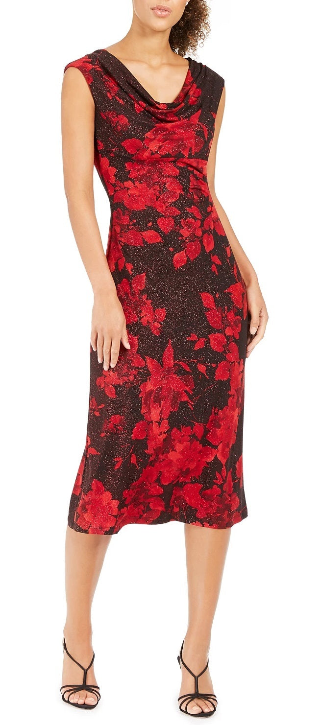 Connected Women's Cowl Neck Midi Sheath Evening Dress Red Size 6