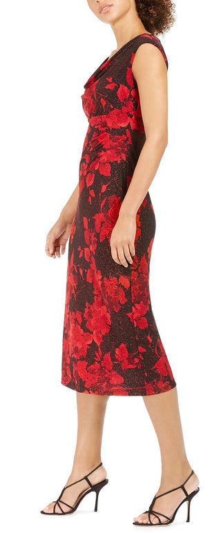 Connected Women's Cowl Neck Midi Sheath Evening Dress Red Size 6