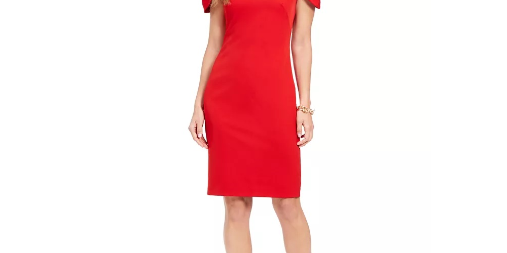 Vince Camuto Women's Pleat Cap Sleeve Crepe Sheath Dress Red Size 8