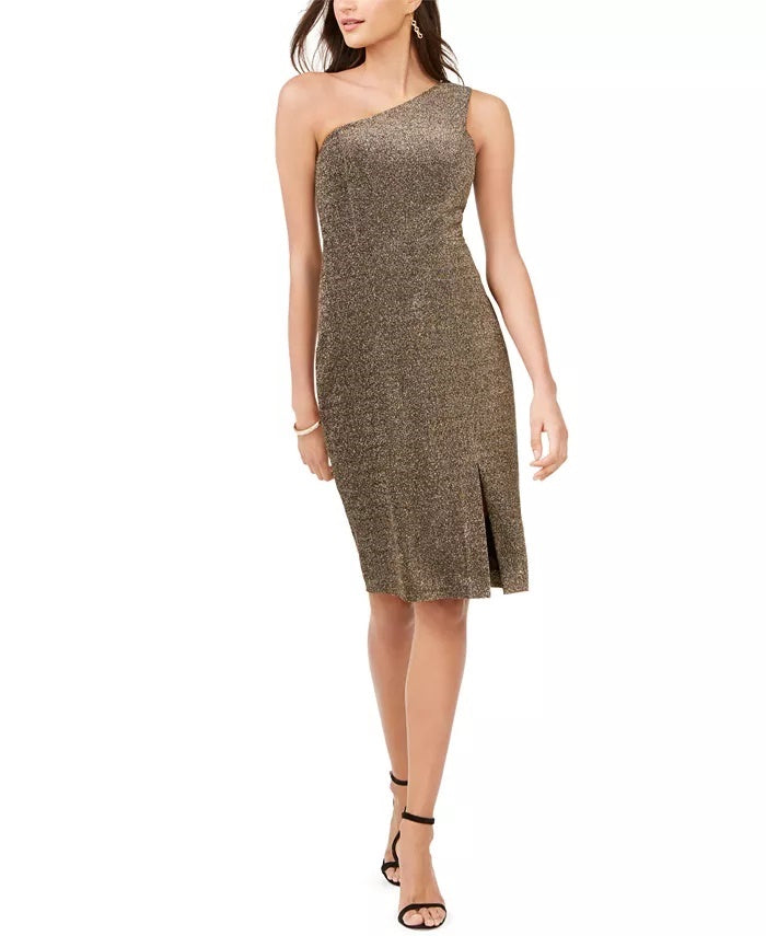 Vince Camuto Women's One-Shoulder Glitter-Knit Dress Gold Size 8
