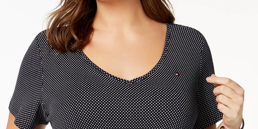 Tommy Hilfiger Women's Plus Polka Dot Cotton V Neck T Shirt Navy Size 3X