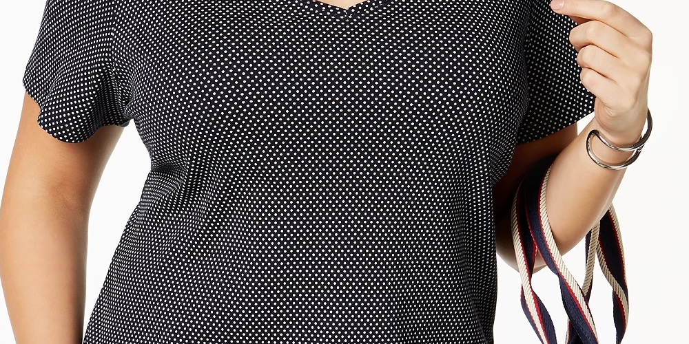 Tommy Hilfiger Women's Plus Polka Dot Cotton V Neck T Shirt Navy Size 3X