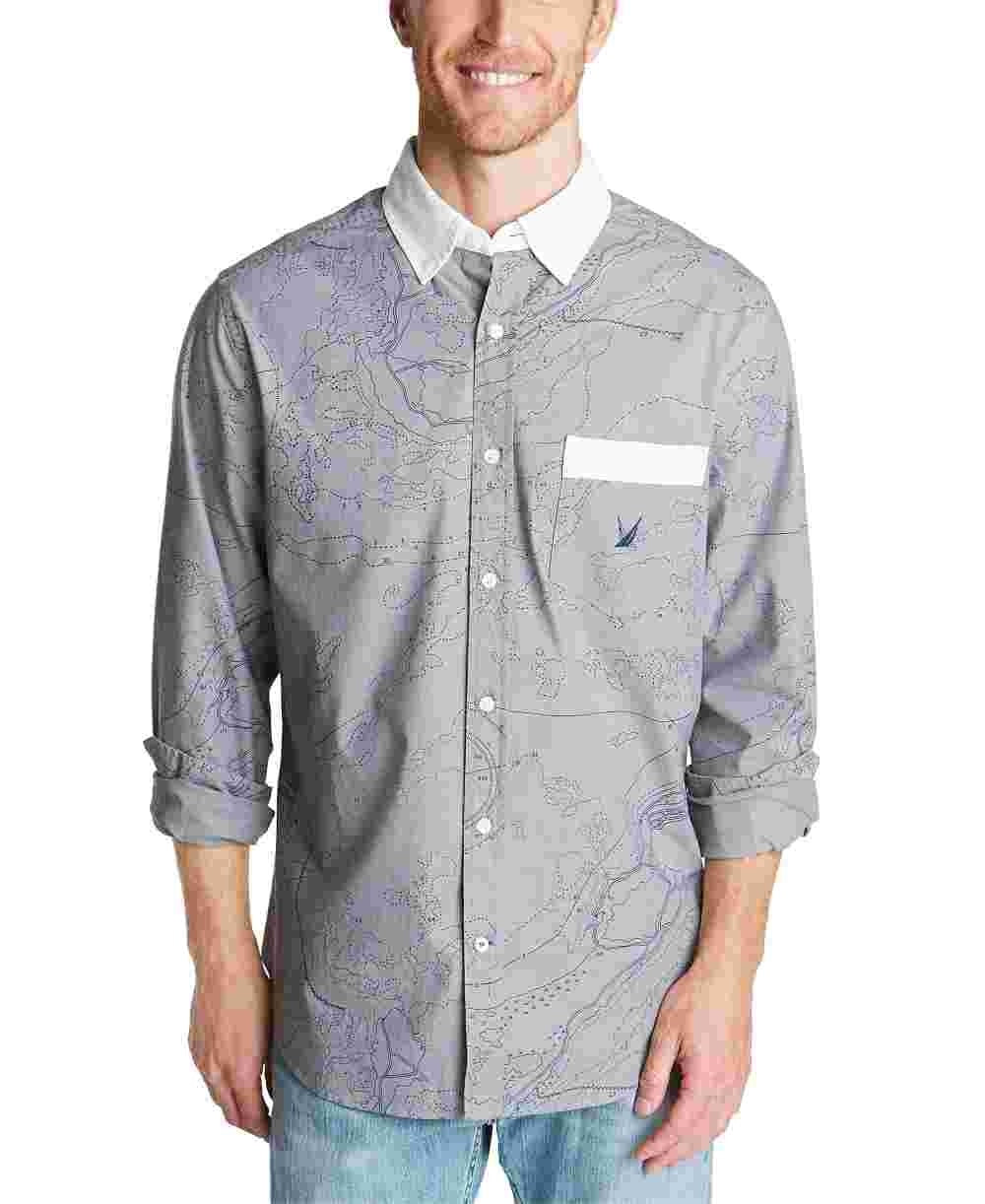 Nautica Men's Oxford Map Print Casual Shirt Grey Size XX-Large