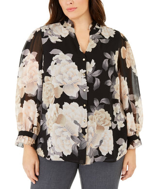 Calvin Klein Women's Ruffle Trim Blouse Charcoal Size 3X