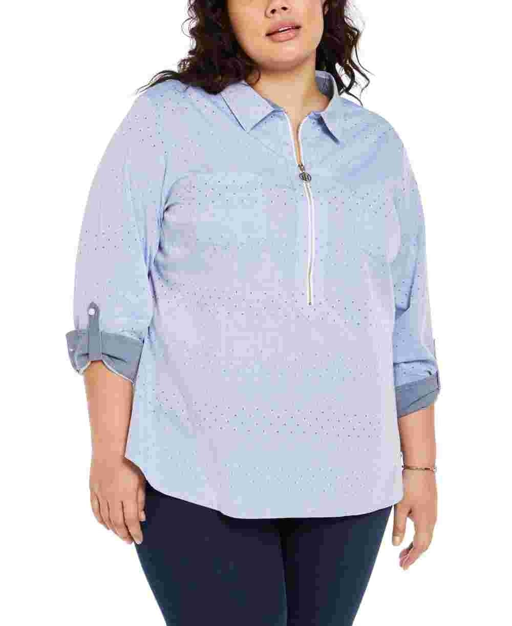 Tommy Hilfiger Women's Plus Size Zip Front Cotton Shirt Blue Size 2X