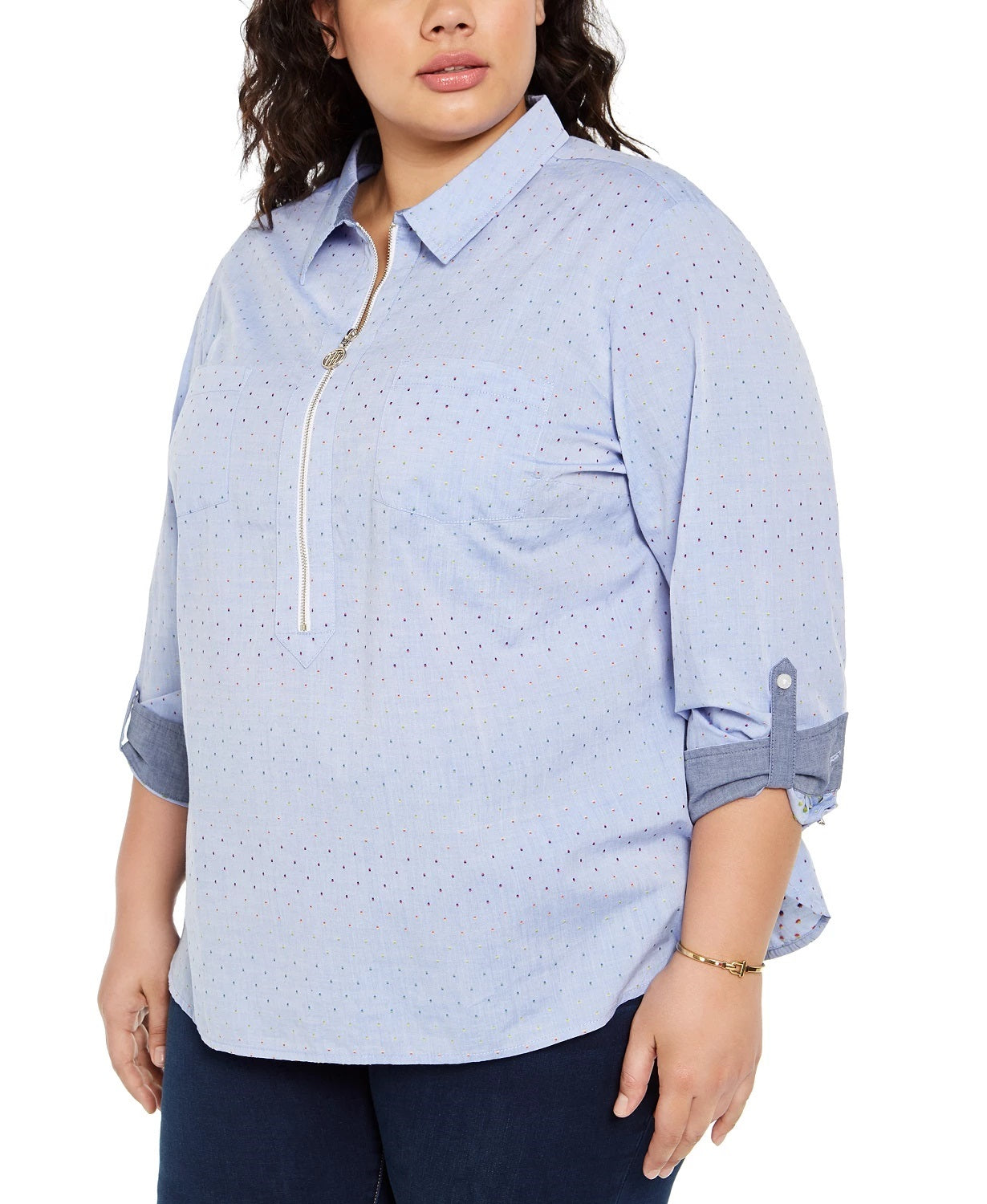 Tommy Hilfiger Women's Plus Size Zip Front Cotton Shirt Blue Size 2X