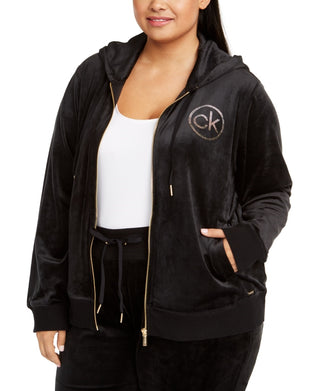 Calvin Klein Women's Plus Size Beaded Logo Velour Hoodie Black Size 1X