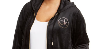 Calvin Klein Women's Plus Size Beaded Logo Velour Hoodie Black Size 1X