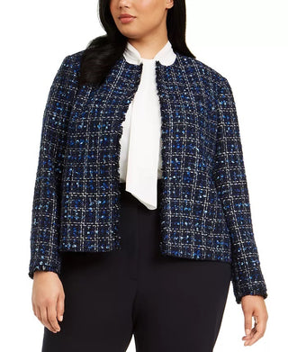 Calvin Klein Women's Blue Frayed Plaid Suit Wear To Work Jacket Blue Size 18W
