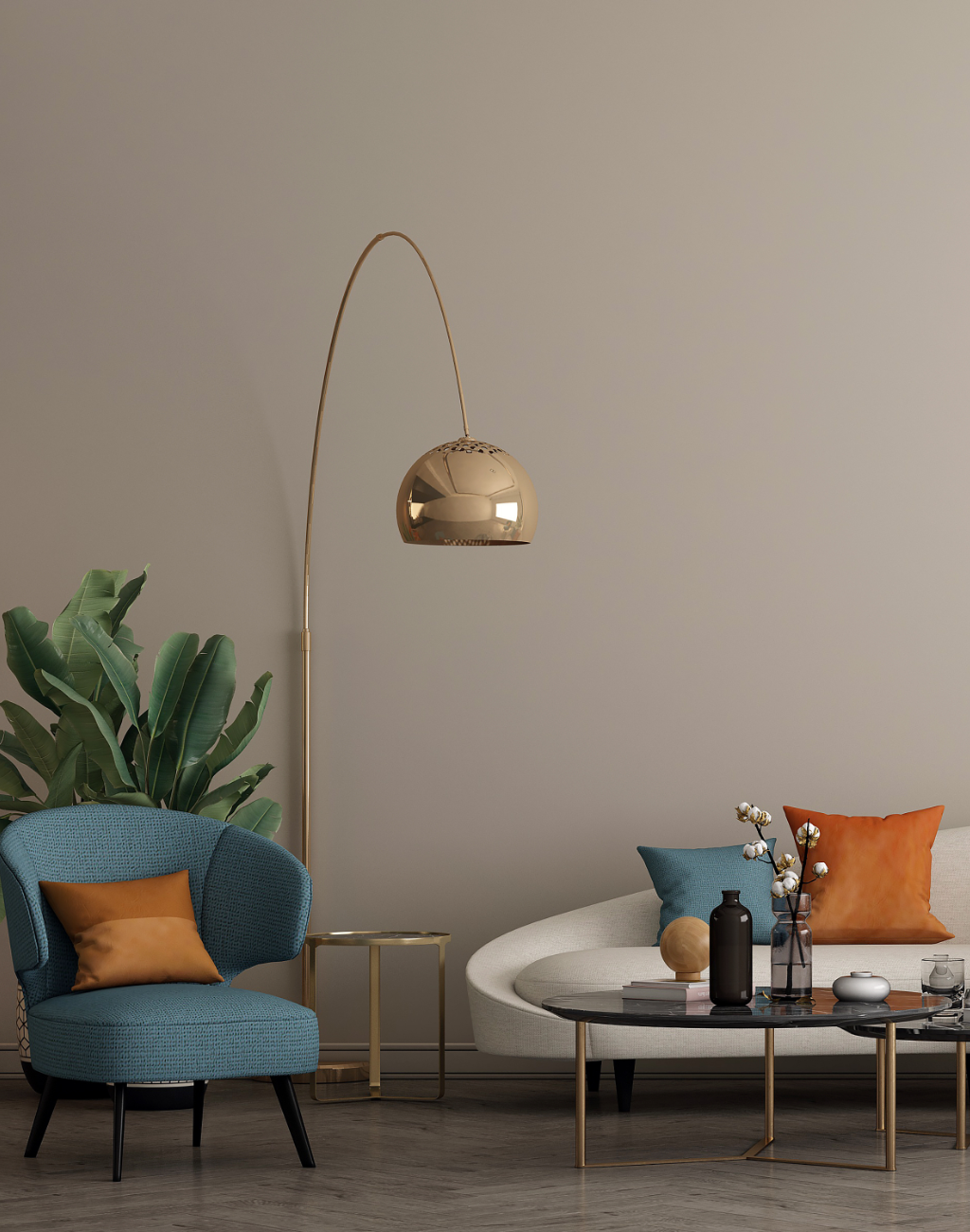 Modern living room with a blue armchair, white sofa, and decorative lamp.