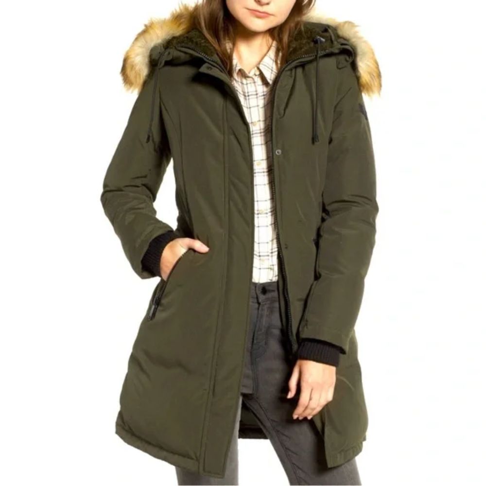 Sam Edelman Women's Faux Fur Trim Down Jacket Green