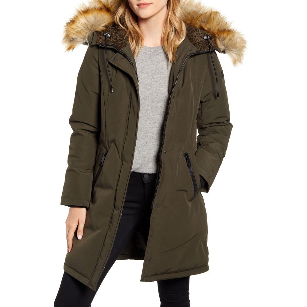 Sam Edelman Women's Faux Fur Trim Down Jacket Green