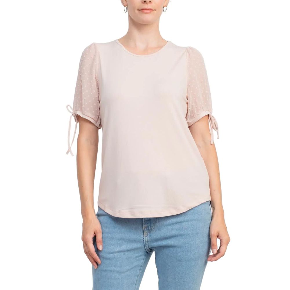 Adrianna Papell Crew Neck Clip Dot Short Sleeve with Tie Solid Knit Moss Crepe Top