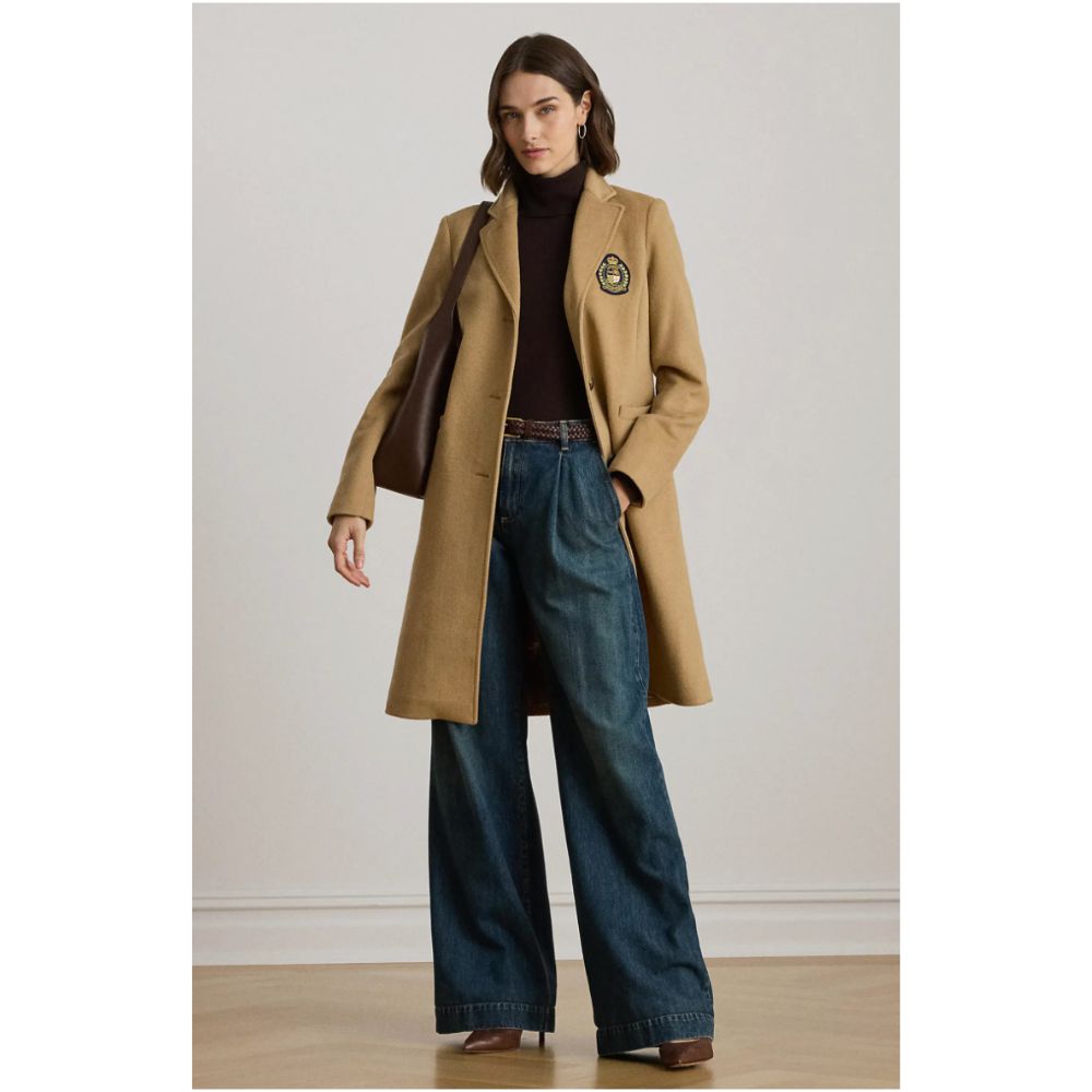 Lauren Ralph Lauren Crest Patch Wool Blend Coat Camel