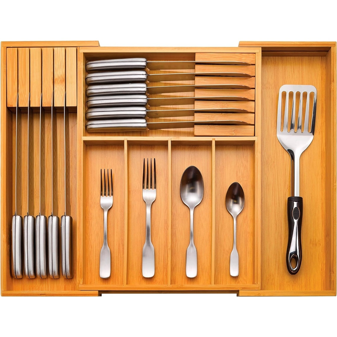 Utensil Organizer  Bamboo Expandable Silverware Organizer Utensil Holder  Cutlery Tray with Divider and Removable Knife Block