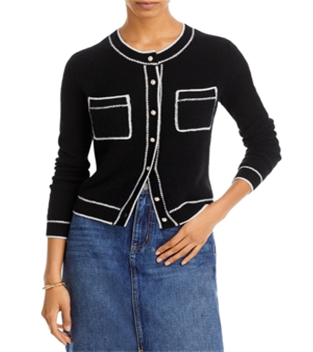 C by Bloomingdale's Cashmere Long Sleeve Tuck Stitch Cashmere Cardigan Sweater Black Size L
