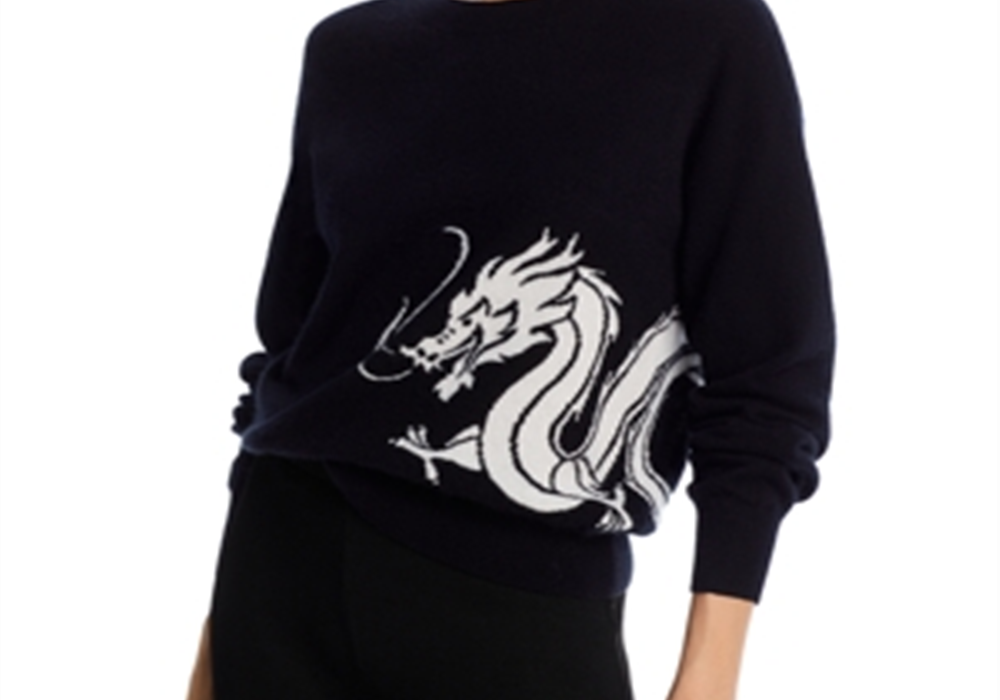 Aqua Cashmere Wrap Around Dragon Intarsia Crewneck Cashmere Sweater Black Size S