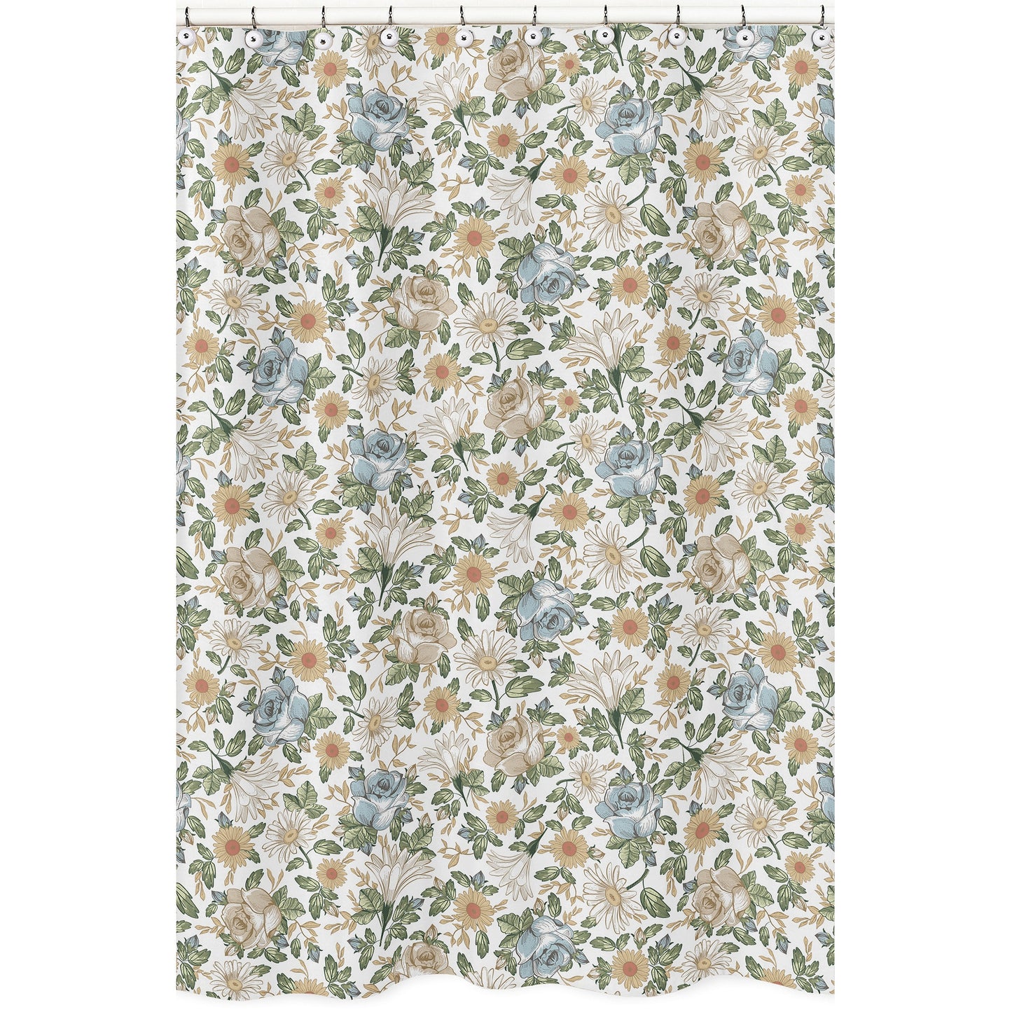 Vintage Floral Blue Yellow Bath Fabric Shower Curtain Green Gold Orange Taupe Beige White Shabby Chic Boho Bohemian Farmhouse