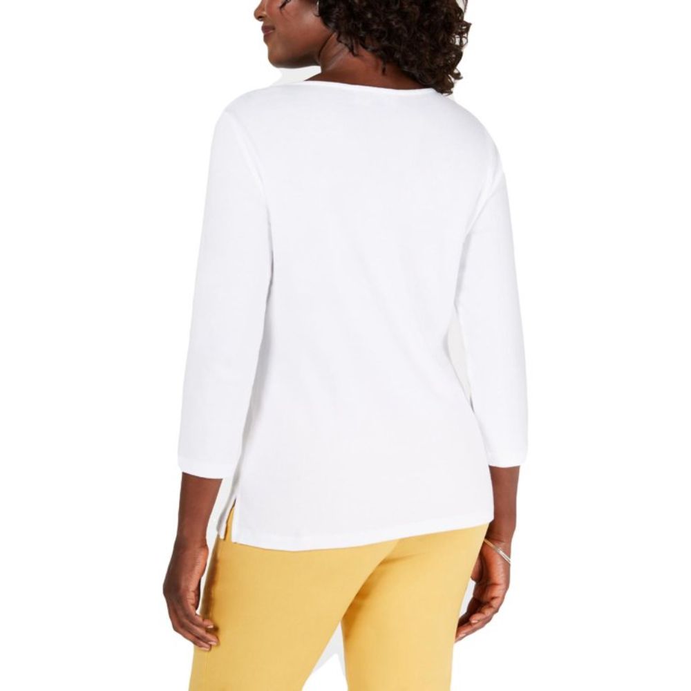 Karen Scott Women's White Eyelet Trim Top Size X-Small