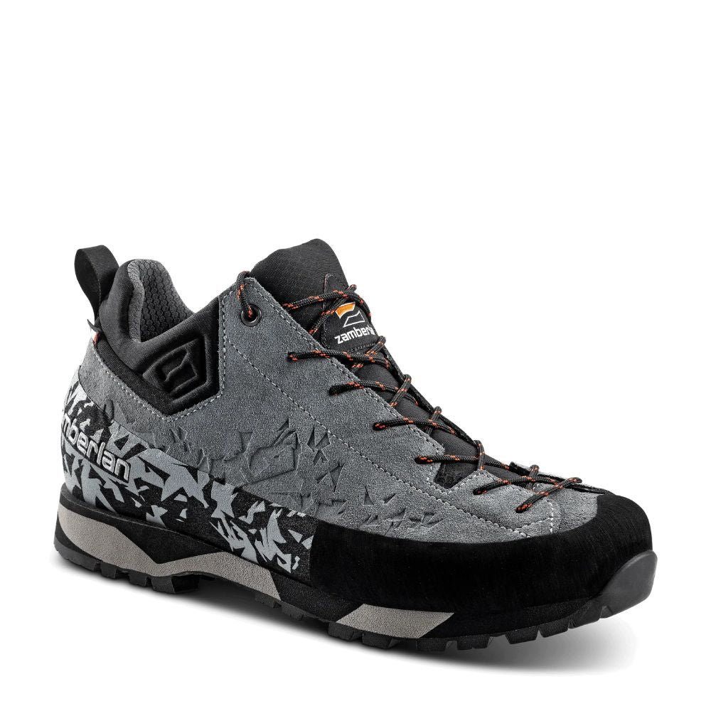 Gray hiking shoe with black accents on a white background