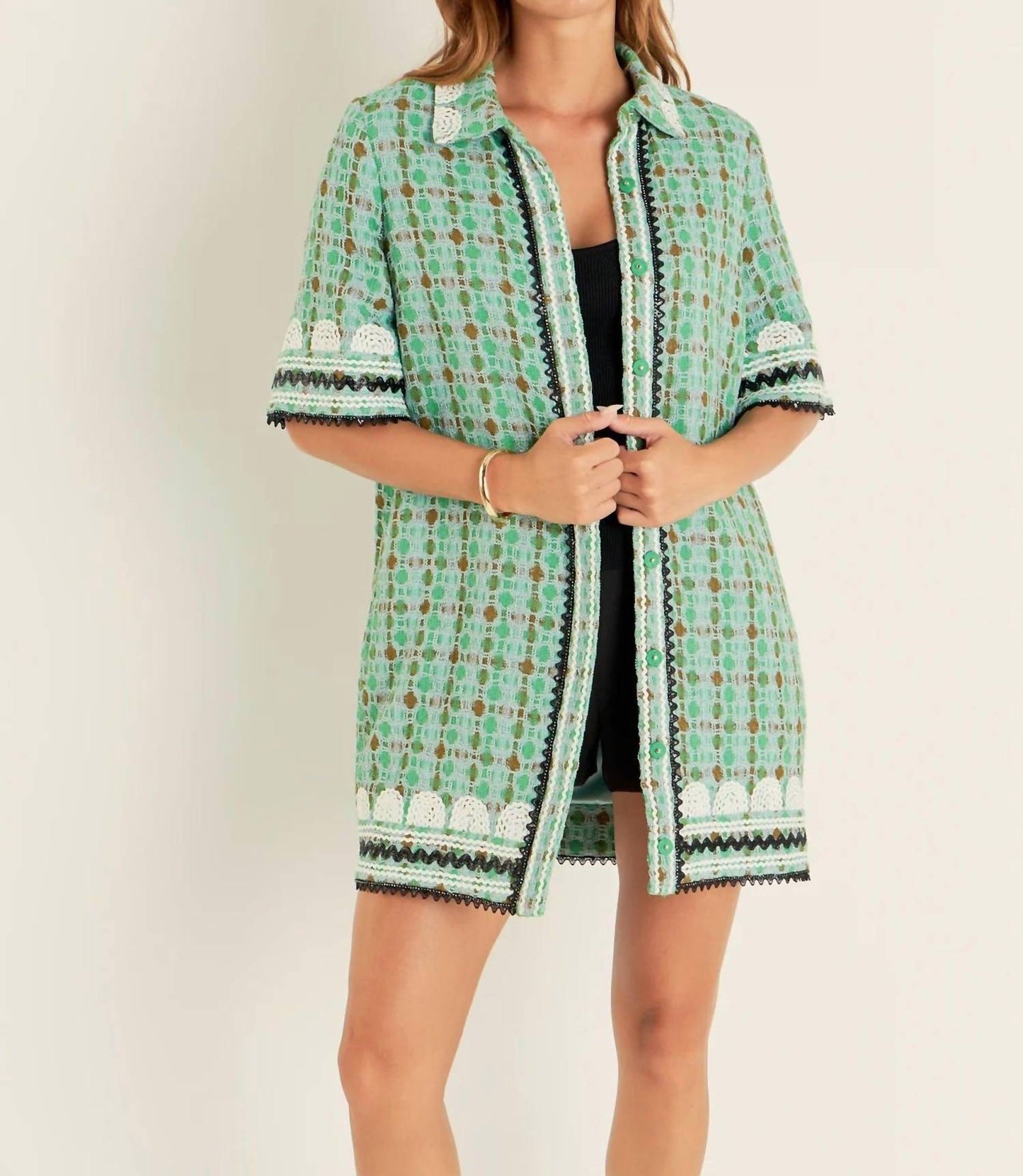 2.7 August Apparel - Boucle Mini Shirt Dress With Ric Rac Trim