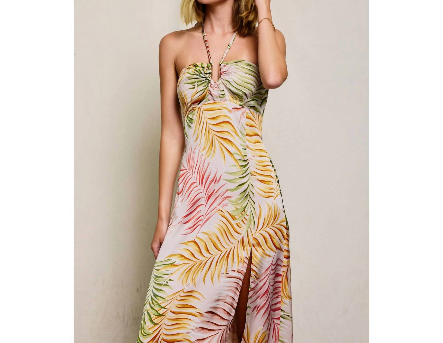 Dress Forum - Tropical Leaf Printed Satin Maxi Dress