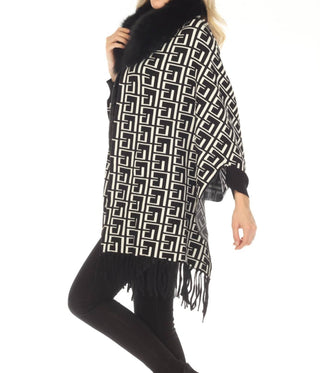 Oolala - Meander Pattern Real Fur Collar Fringe Cape