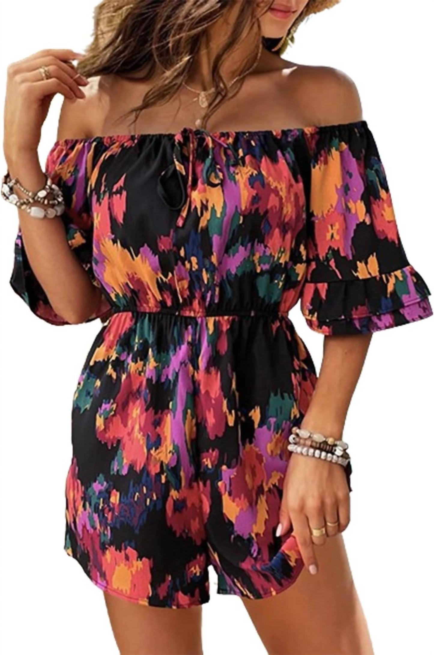 Ninexis - Off-shoulder Printed Romper