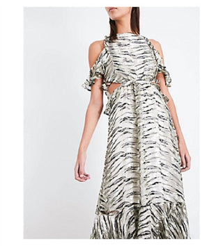 Topshop - Animal Print Silk Ruffle Open Back Cutout Midi Dress