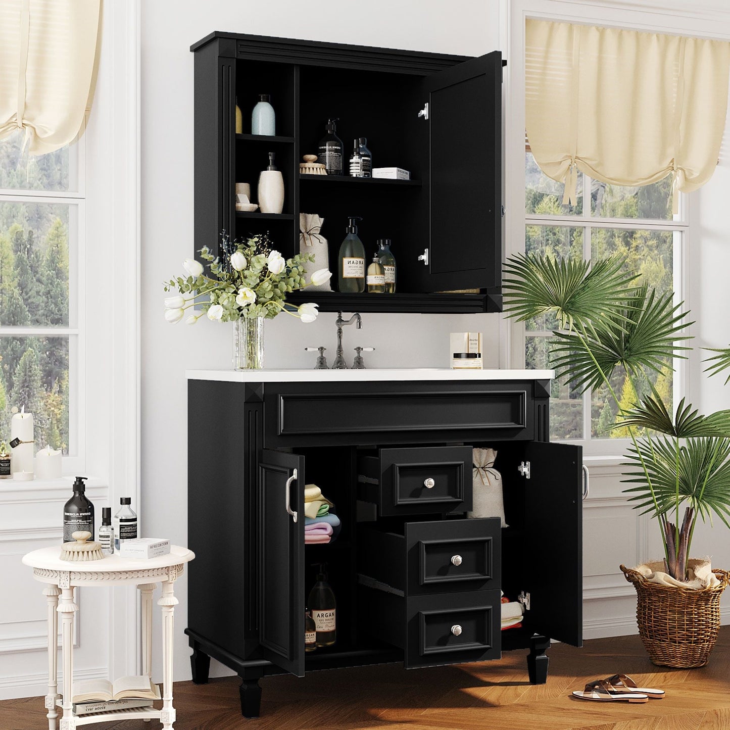 Bathroom Vanity With Top Sink, Mirror Cabinet, 2 Soft Closing Doors & 2 Drawers