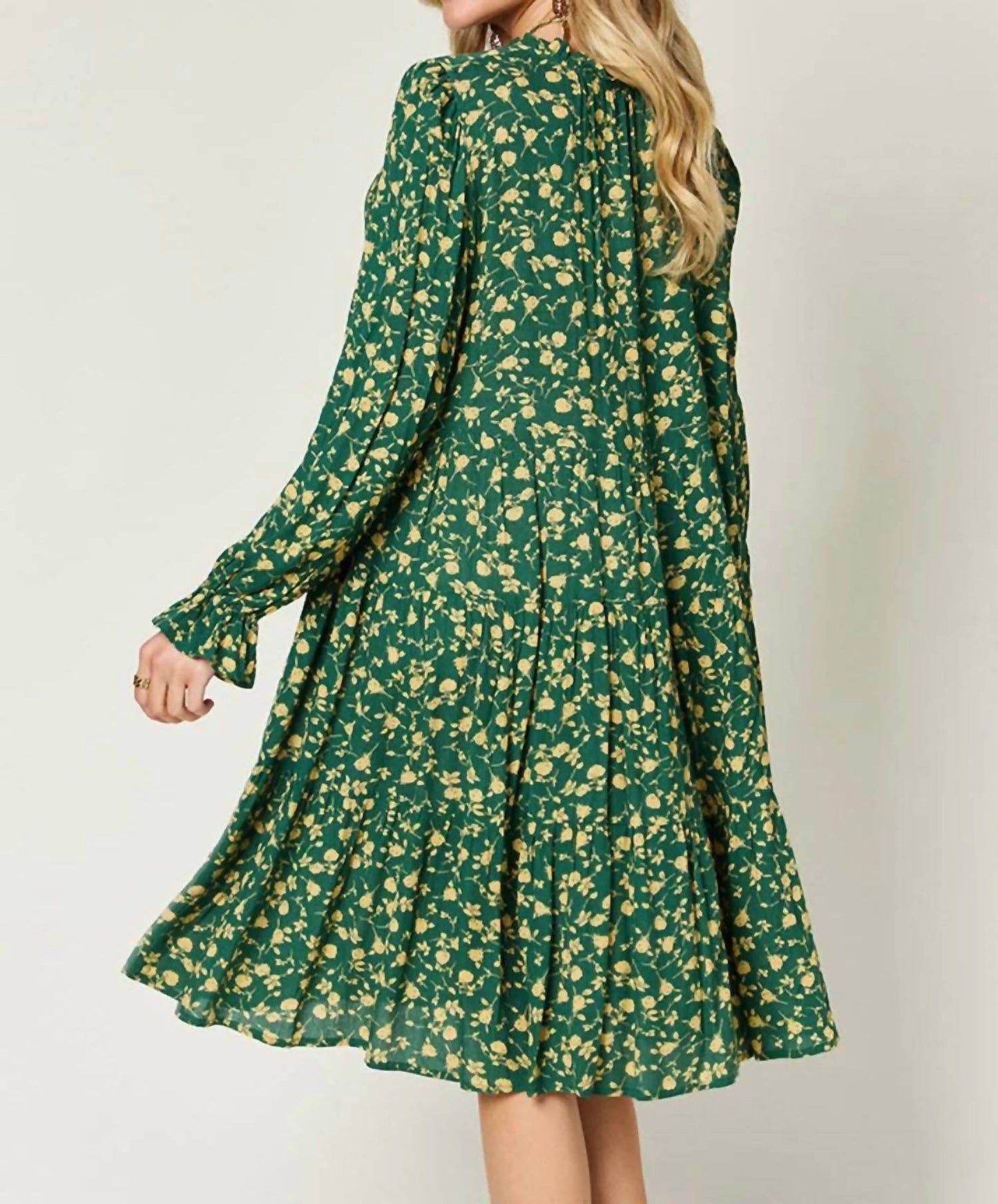 Double Take - Full Size Printed Ruffle Hem Long Sleeve Tiered Dress