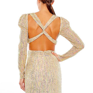 Ieena For Mac Duggal - Metallic Puff Sleeve Front Twist Cut-out Gown