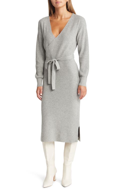 Chelsea28 Long Sleeve Faux Wrap Sweater Dress in Grey Medium Heather