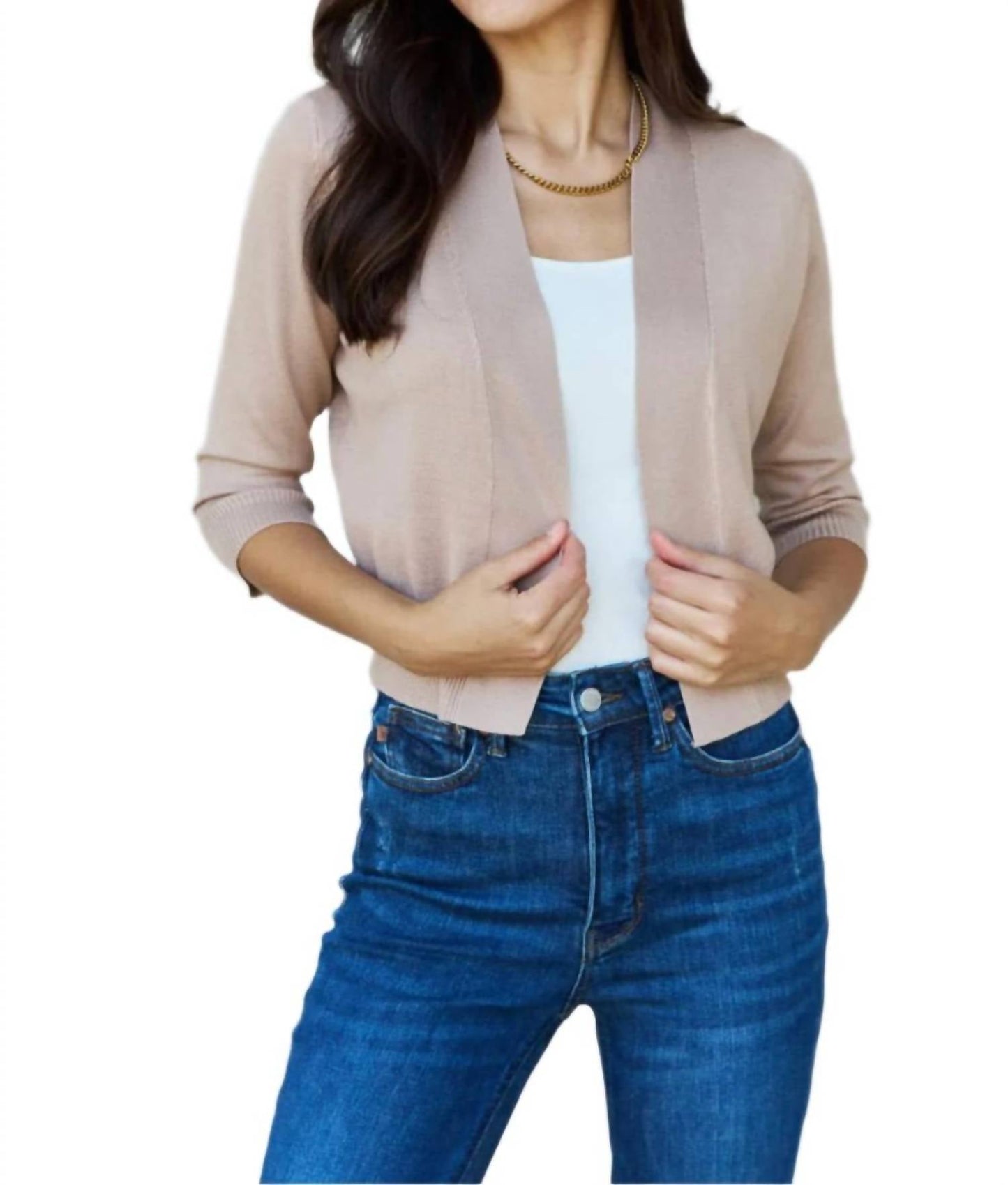 Doublju - Full Size 3/4 Sleeve Cropped Cardigan