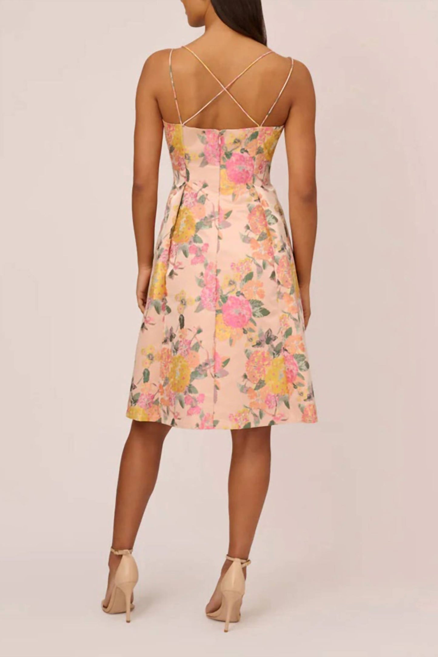 Adrianna Papell - Spaghetti Strap Box Pleat Floral Jacquard Dress