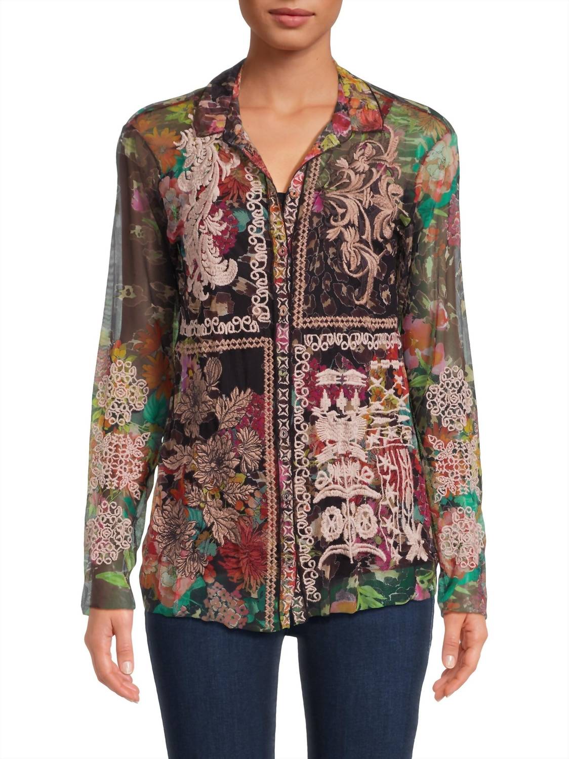 Johnny Was - Mazzy Embroidered Floral Button Front Blouse