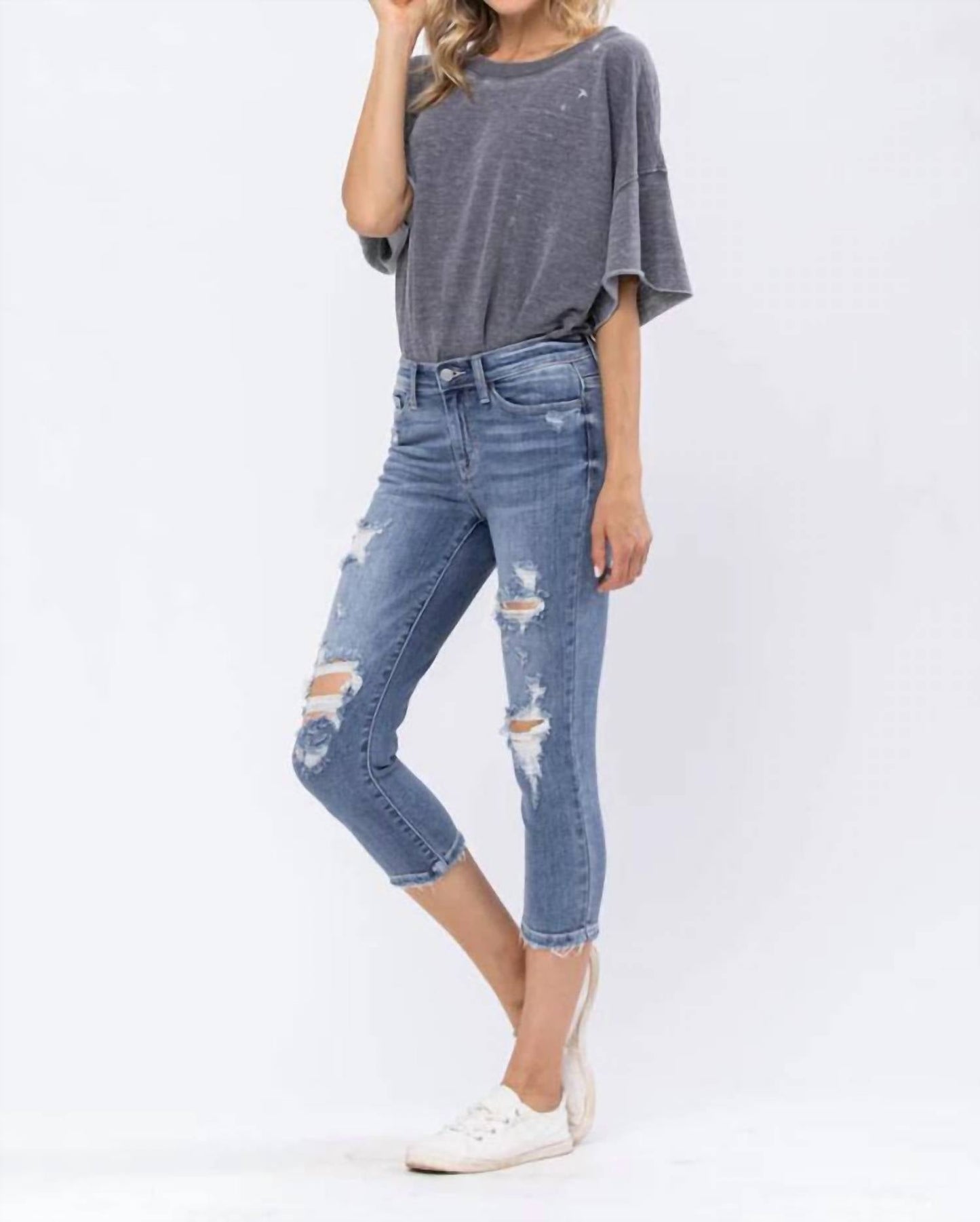 Judy Blue - Mid-rise Destroyed Capri Jeans - Plus