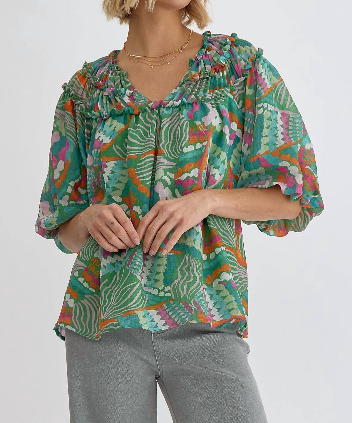 Entro - Muticolor Print Half Sleeve Blouse Top