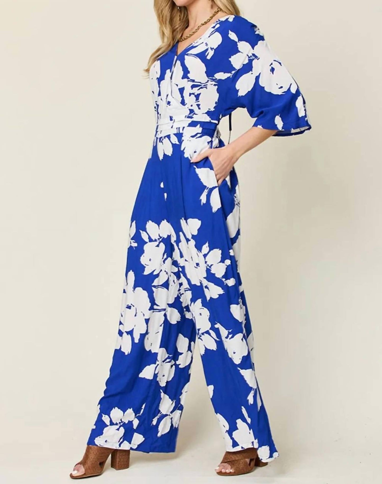 Double Take - Full Size Printed Tie Back Wide Leg Jumpsuit