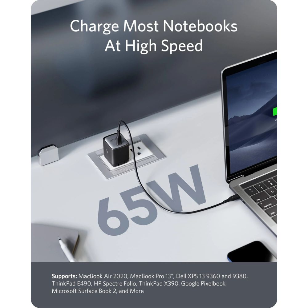 ANKER 715 Charger (Nano II 65W) - 65 W - 120 V AC, 230 V AC Input - 5 V DC/3.25 A, 9 V DC, 15 V DC, 20 V DC Output