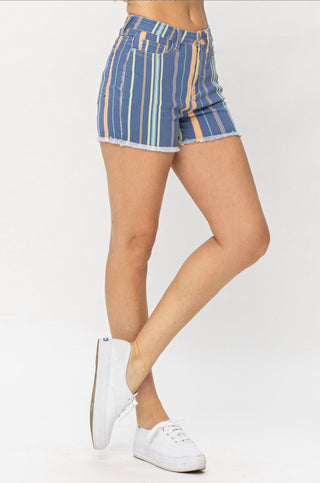 Judy Blue - Frayed Hem Striped Shorts