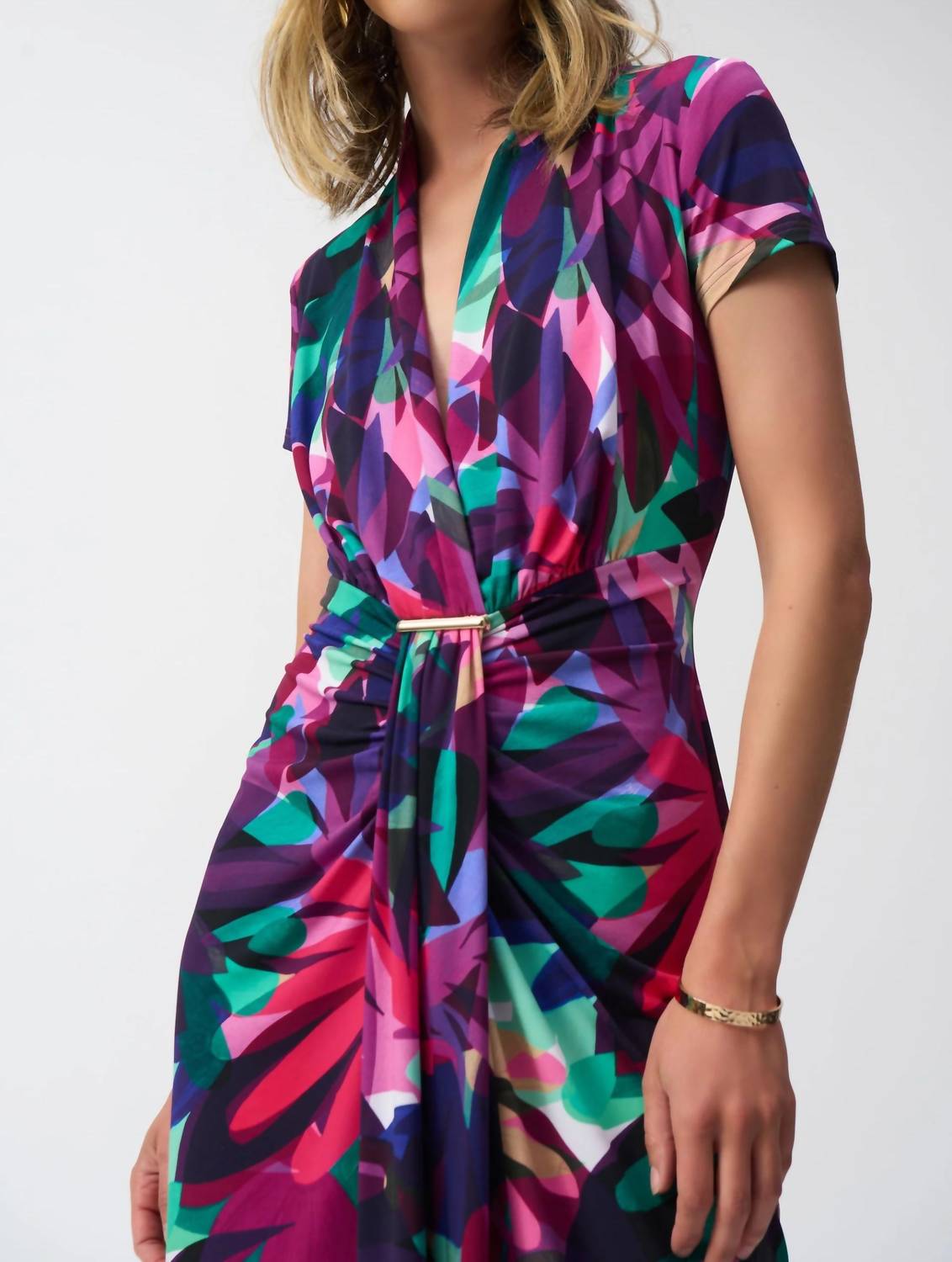 Joseph Ribkoff - Tropical Print Draped Front Midi Sheath Dress